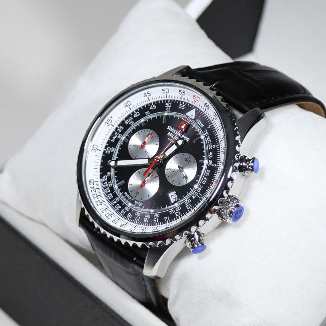 Swiss Alpine Military Black Dial Stainless Steel Chronograph Watch 7078.9537