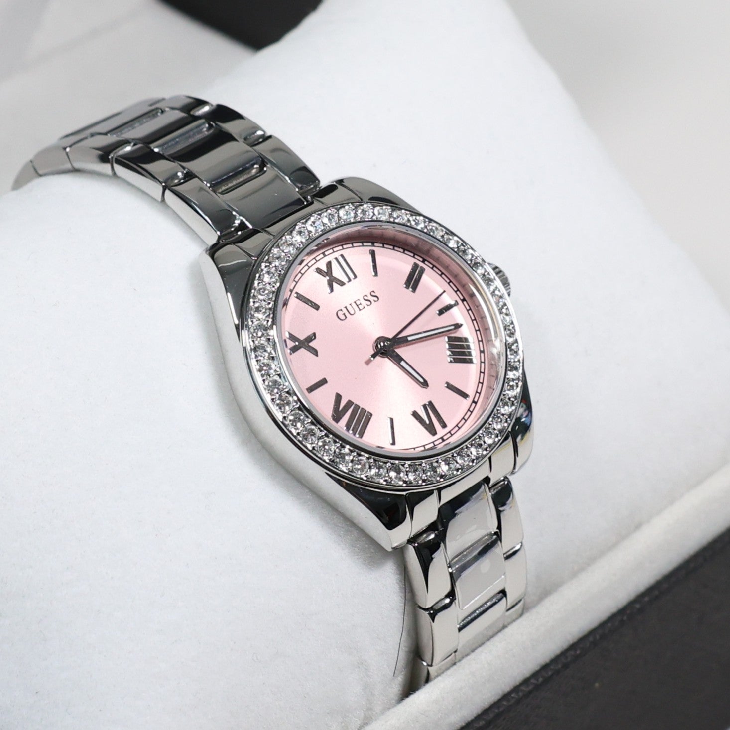 Guess Women's Pink Dial Crystal Bezel Stainless Steel Watch GW0841L4