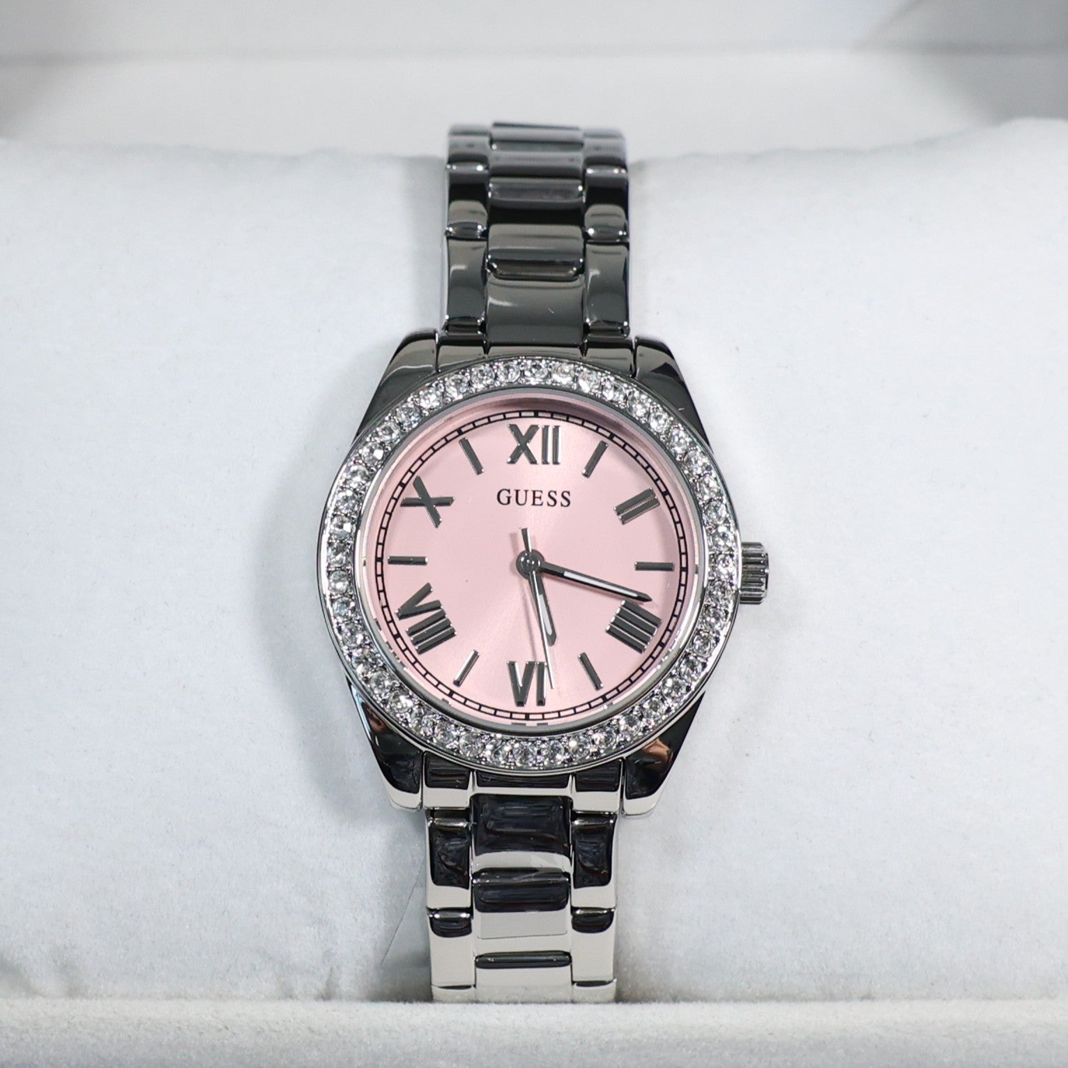 Guess Women's Pink Dial Crystal Bezel Stainless Steel Watch GW0841L4