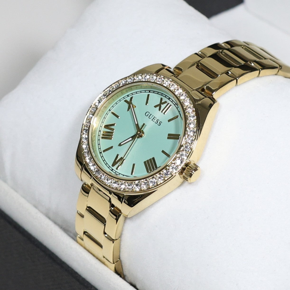 Guess Women's Green Dial Crystal Bezel Gold Tone Stainless Steel Watch GW0841L5