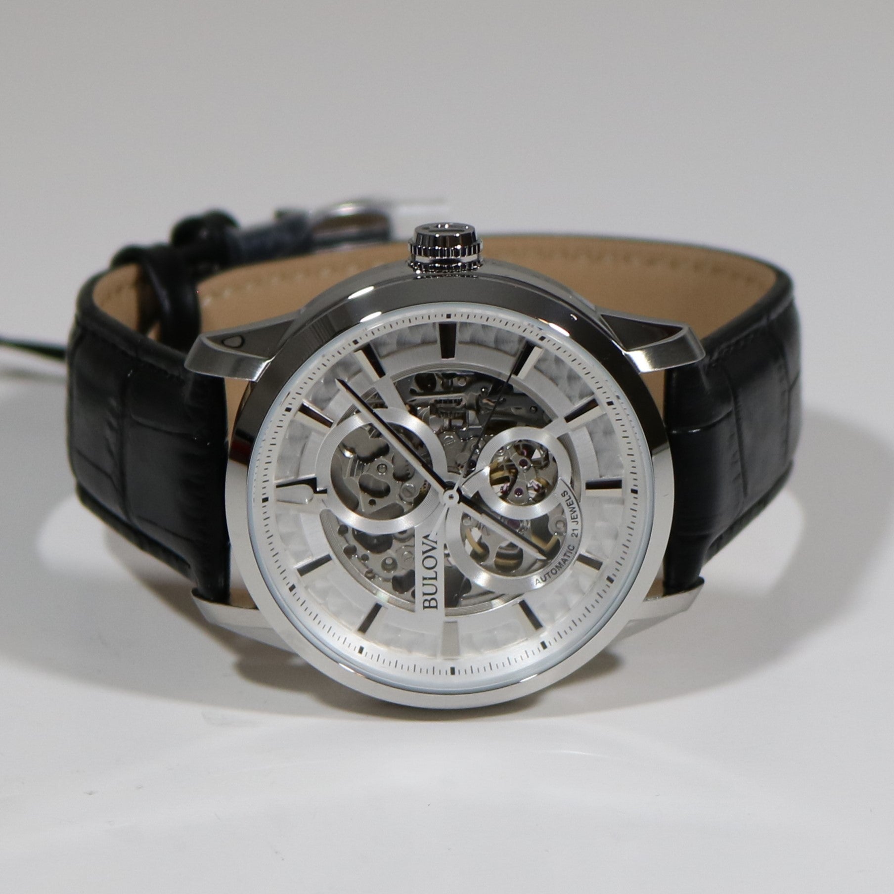 Bulova Sutton Skeleton Dial Automatic Black Leather Strap Watch 96A266