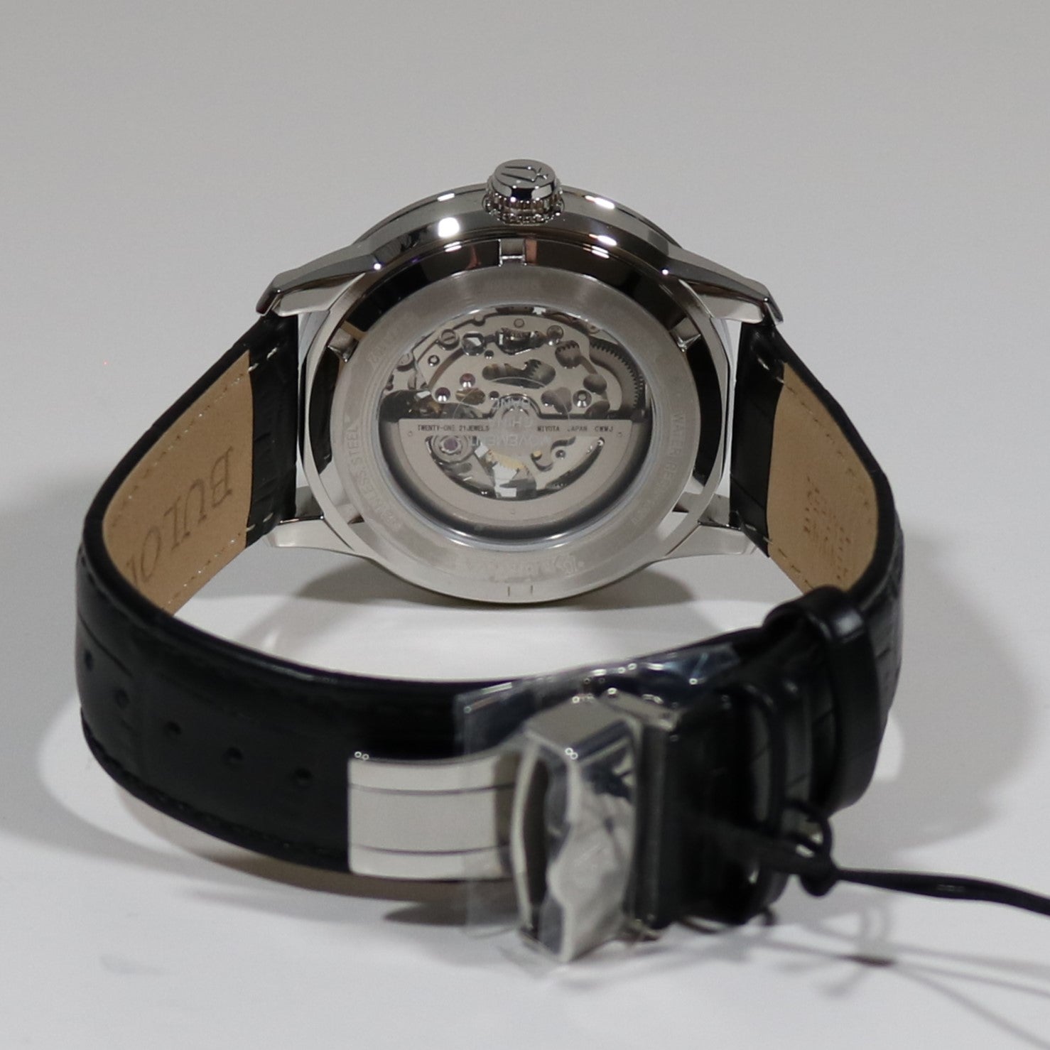 Bulova Sutton Skeleton Dial Automatic Black Leather Strap Watch 96A266