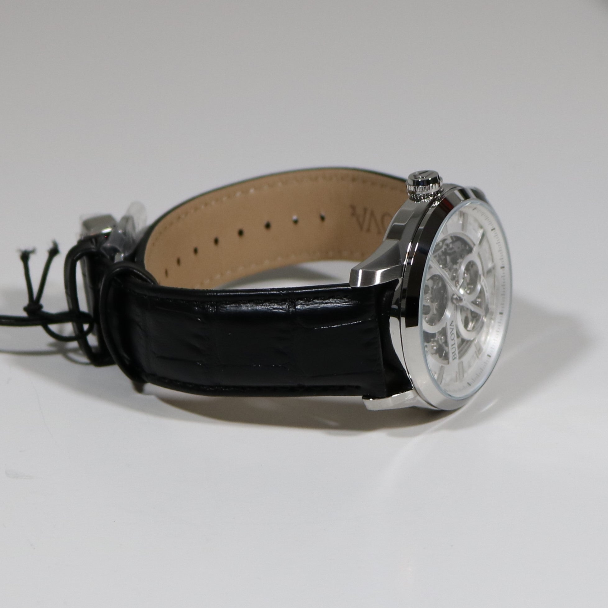 Bulova Sutton Skeleton Dial Automatic Black Leather Strap Watch 96A266