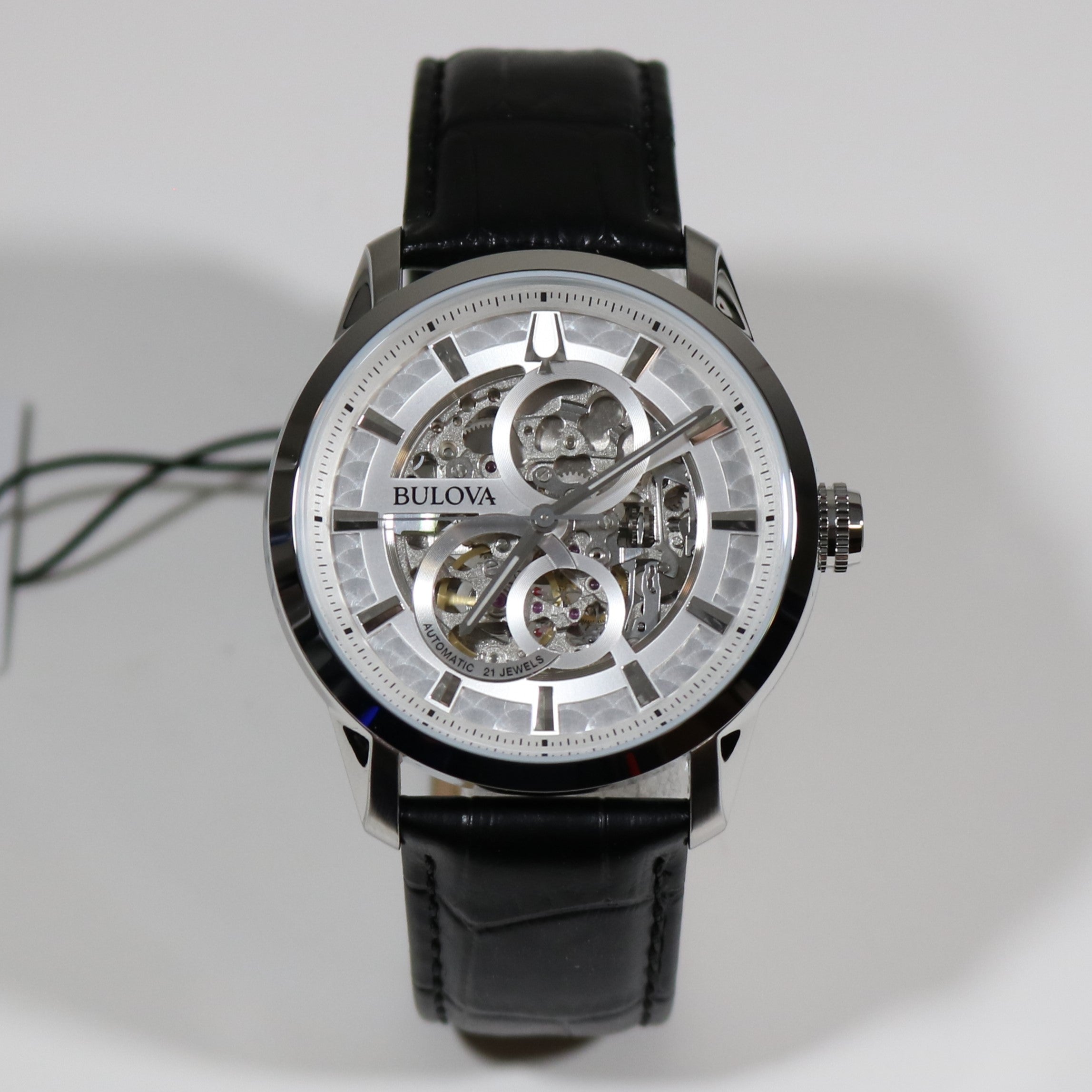 Bulova Sutton Skeleton Dial Automatic Black Leather Strap Watch 96A266