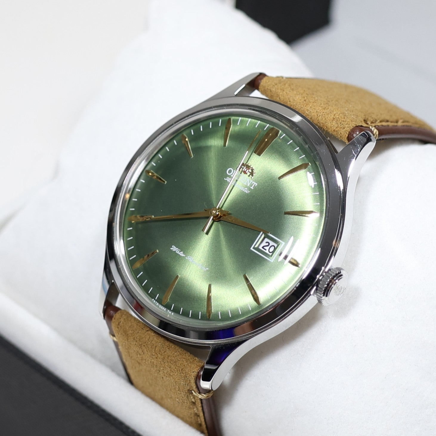 Orient Bambino Green Dial Brown Leather Strap Men's Classic Watch RA-AC0P01E