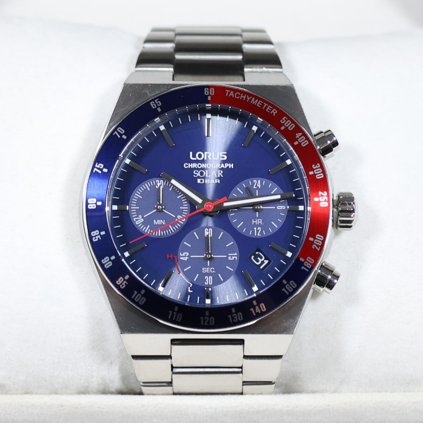 Lorus Stainless Steel Solar Blue Dial Chronograph Men's Watch RZ521AX9