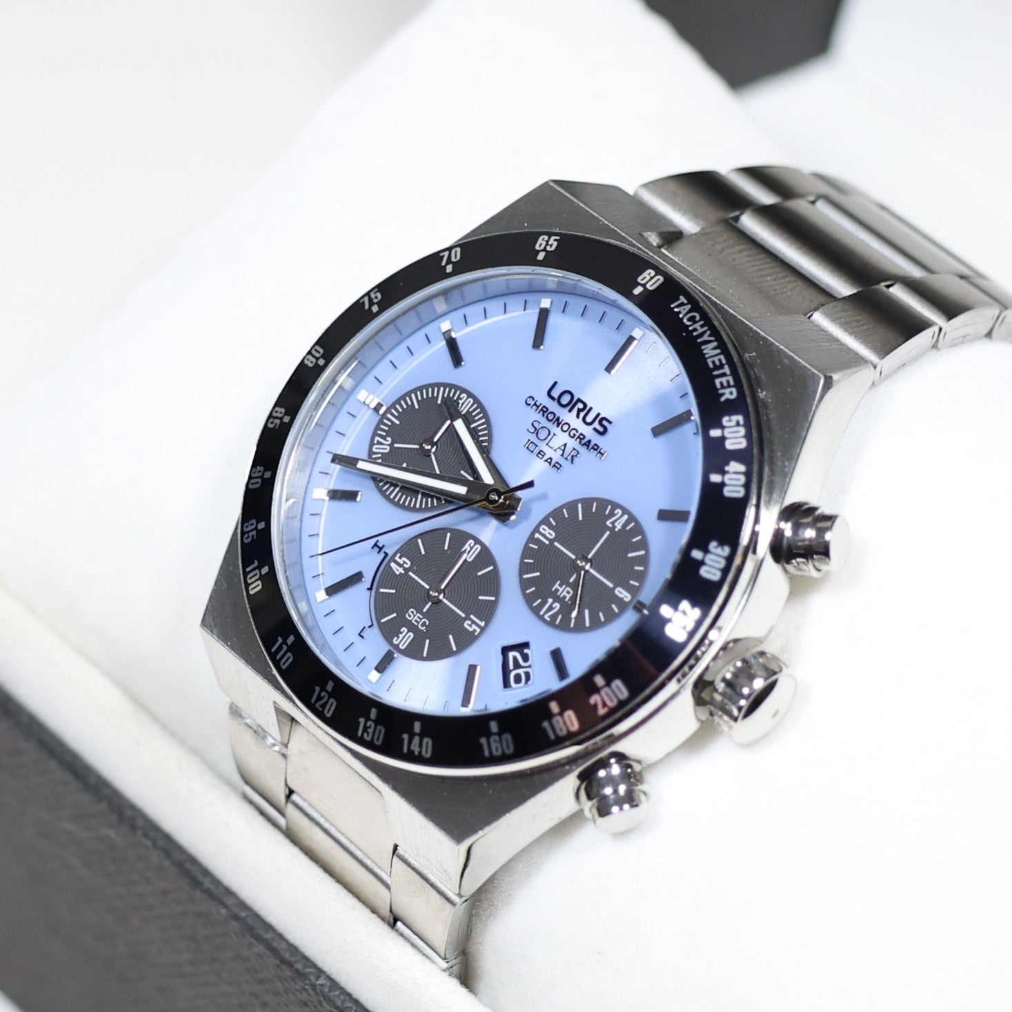 Lorus Stainless Steel Solar Blue Dial Chronograph Men's Watch RZ525AX9