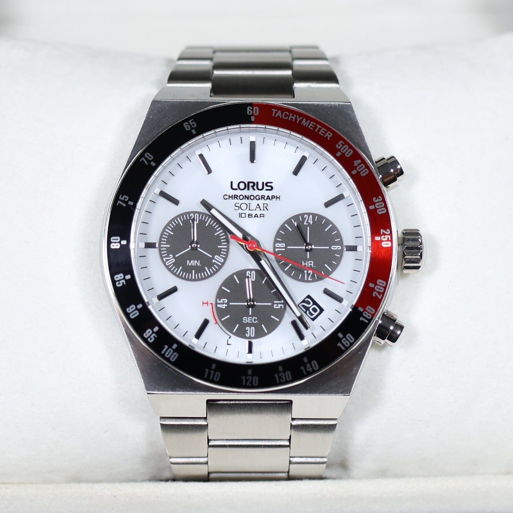 Lorus Stainless Steel Solar White Dial Chronograph Men's Watch RZ527AX9