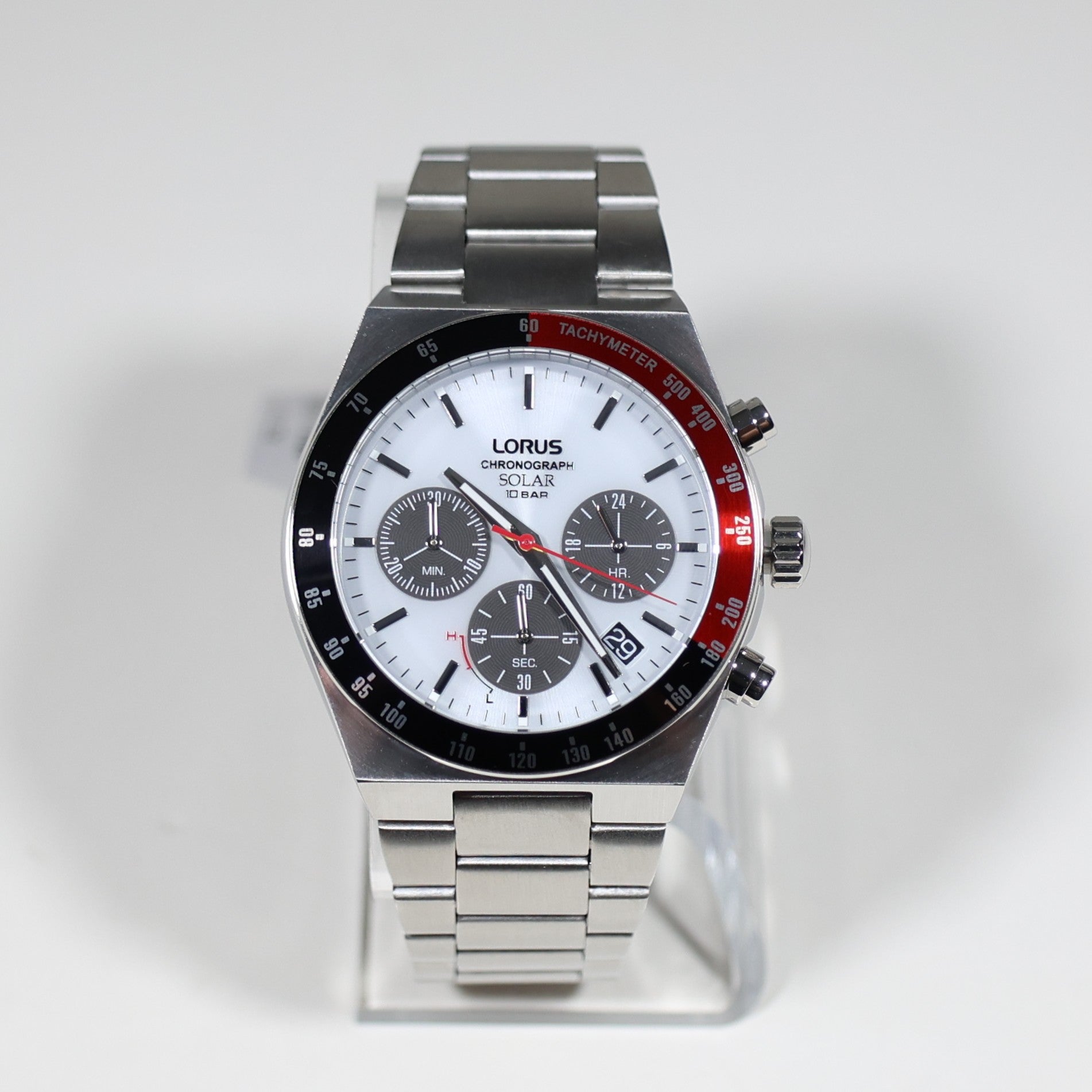 Lorus Stainless Steel Solar White Dial Chronograph Men's Watch RZ527AX9