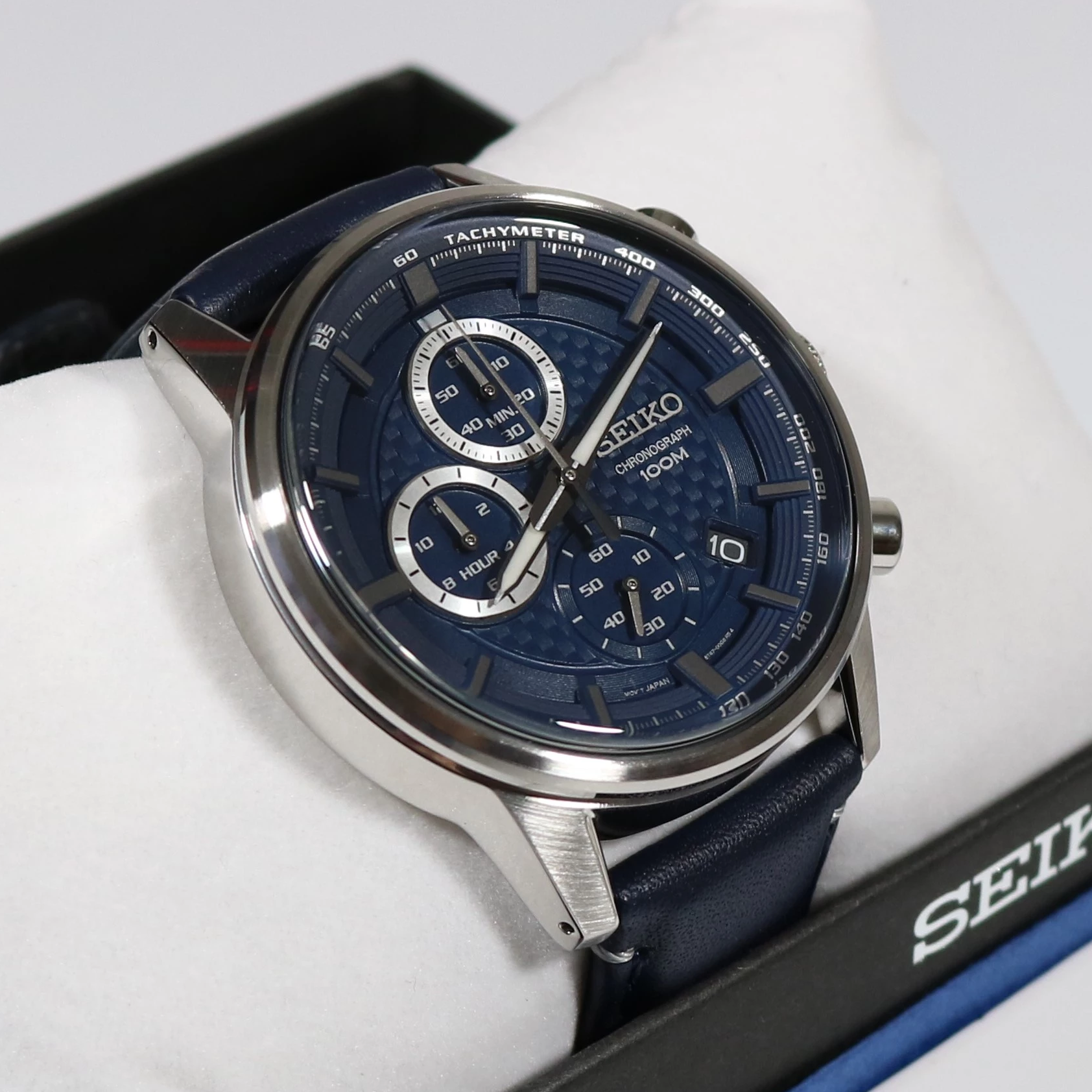Seiko Chronograph Navy Blue Date Leather Strap Men