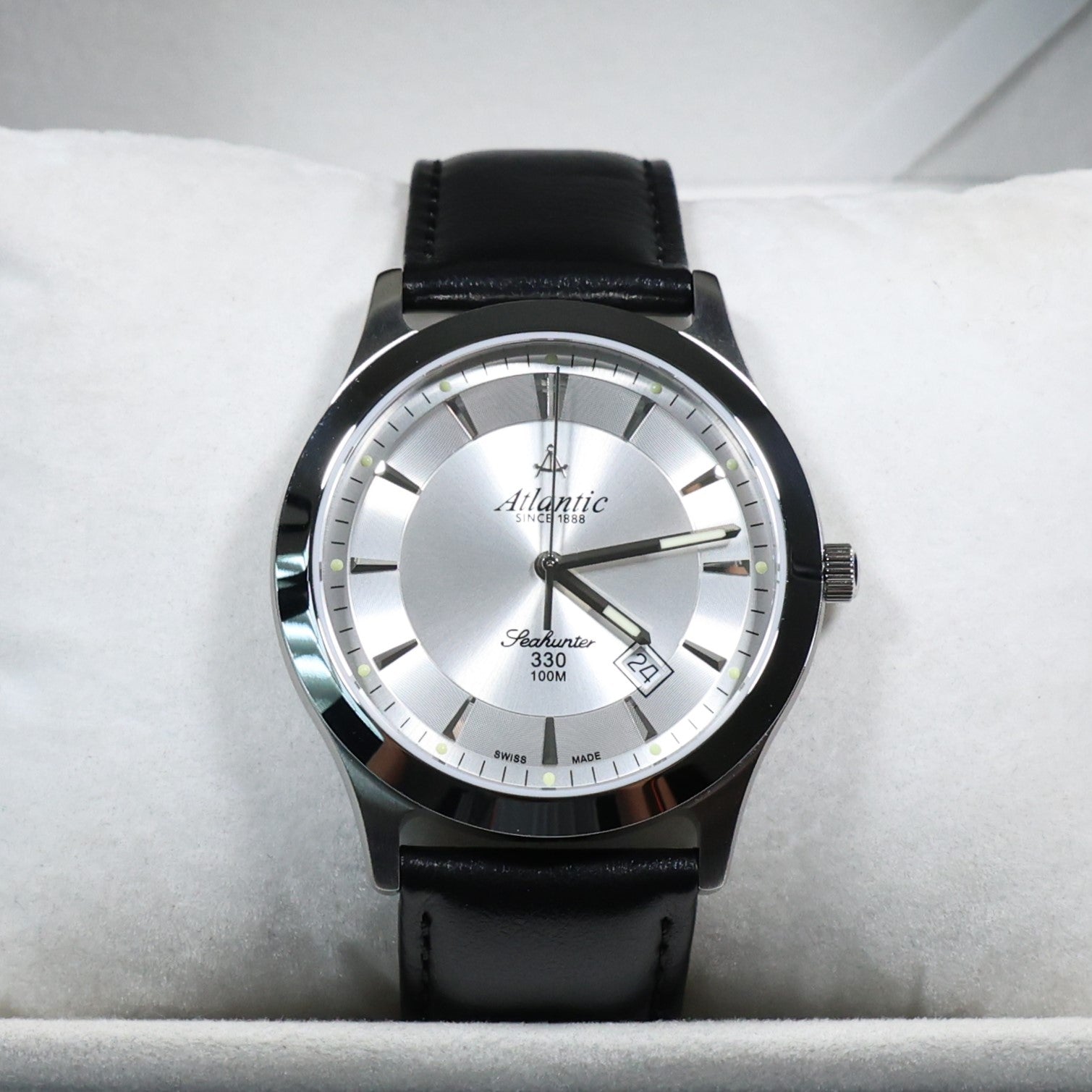 Atlantic Seahunter 330 Silver Dial Black Leather Strap Men's Watch 71360.41.21