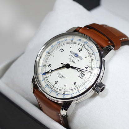 Zeppelin 100 Years ED.1 GMT Men's Stainless Steel Brown Leather Strap Watch 8666-1