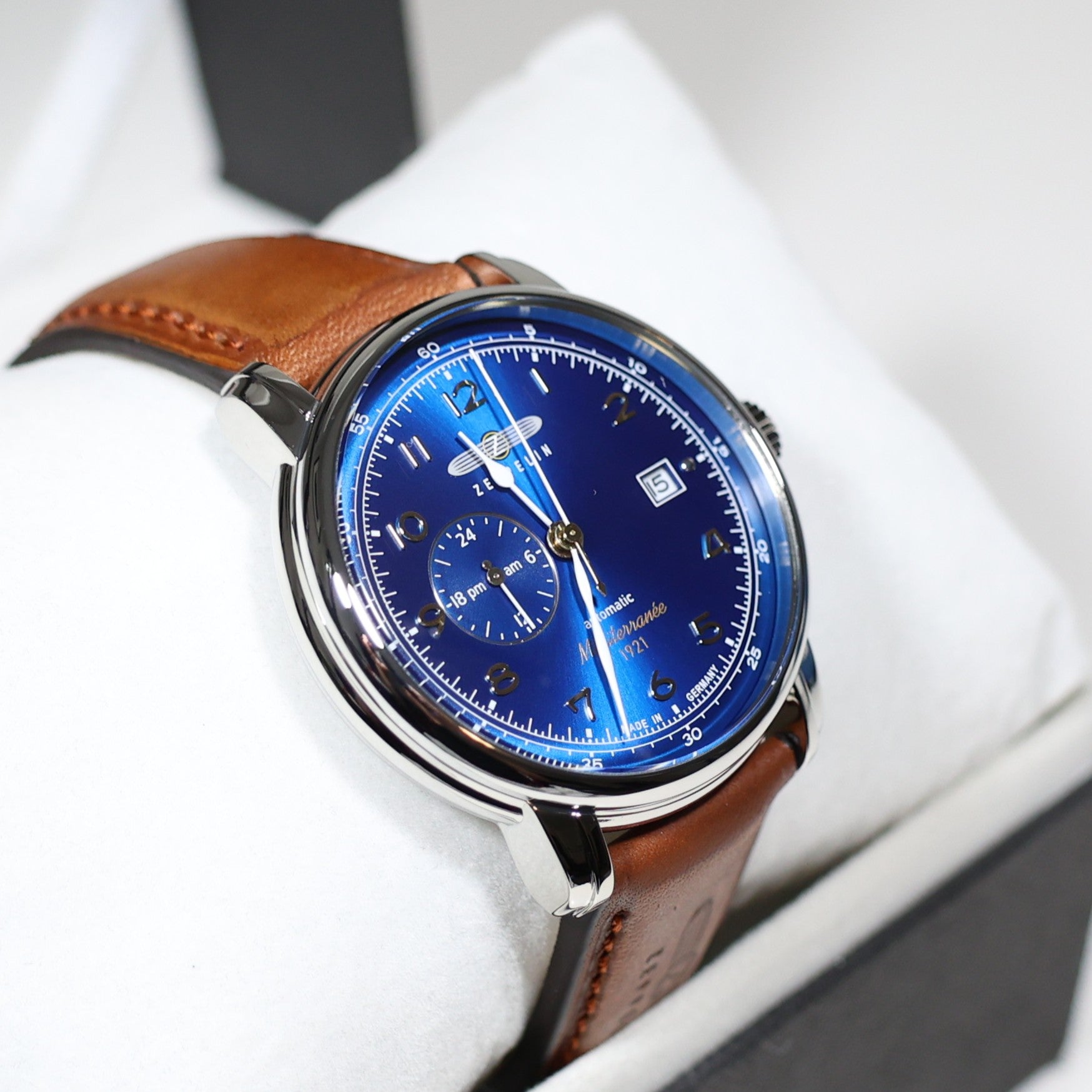 Zeppelin Mediterranee Blue Dial Brown Strap Automatic Men's Watch 9668-3