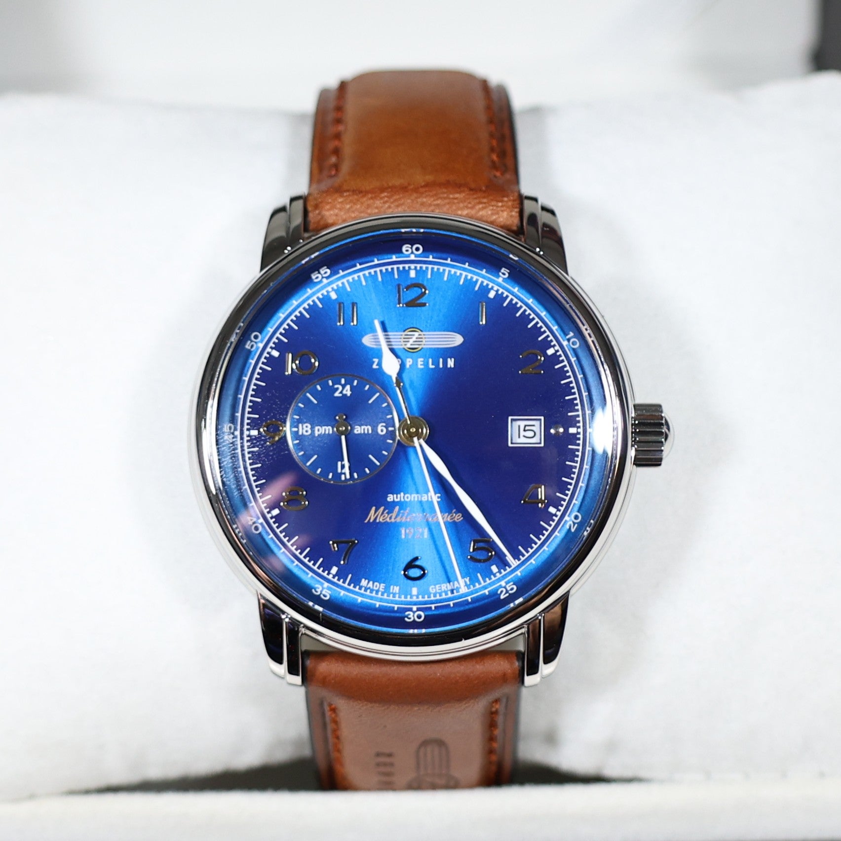 Zeppelin Mediterranee Blue Dial Brown Strap Automatic Men's Watch 9668-3