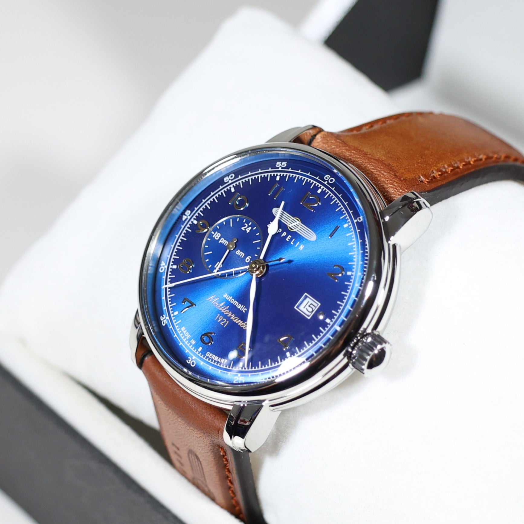 Zeppelin Mediterranee Blue Dial Brown Strap Automatic Men's Watch 9668-3