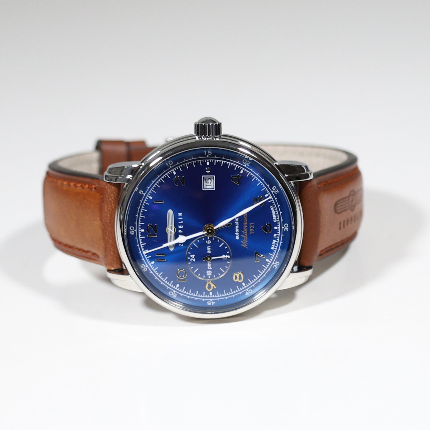 Zeppelin Mediterranee Blue Dial Brown Strap Automatic Men's Watch 9668-3