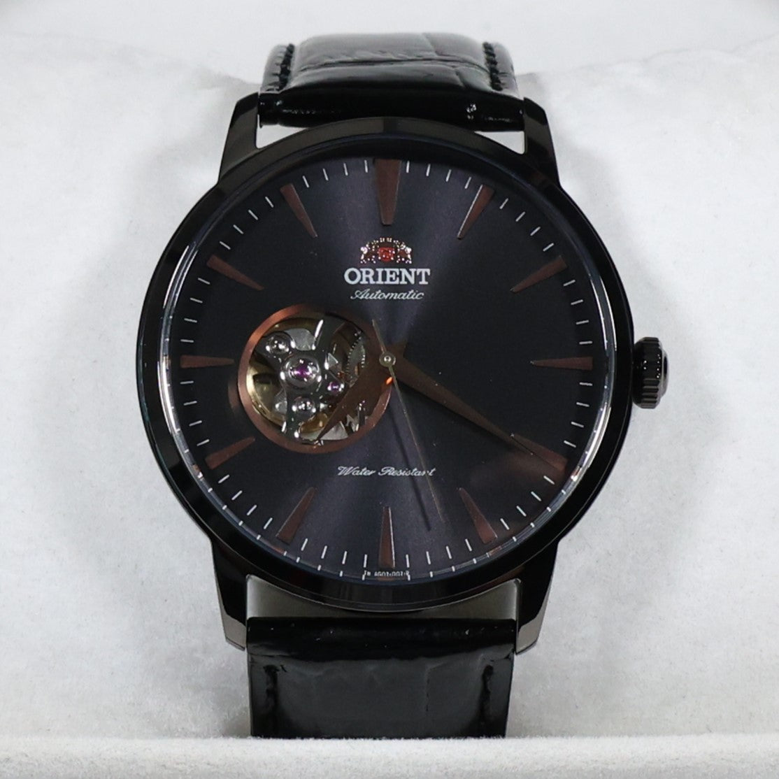 Orient Open Heart Black Dial Leather Strap Dress Watch AG02001B