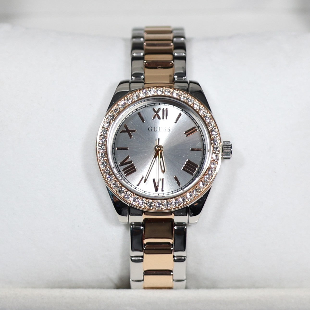 Guess Women's Silver Dial Crystal Bezel Two Tone Stainless Steel Watch GW0841L3