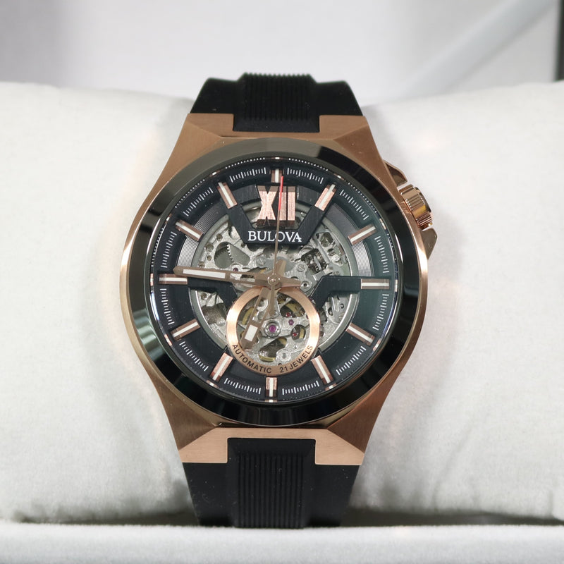 Bulova Maquina Rose Gold Tone Automatic Men's Rubber Strap Watch 98A177