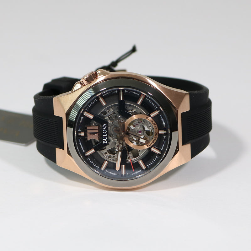 Bulova Maquina Rose Gold Tone Automatic Men's Rubber Strap Watch 98A17 –  Chronobuy