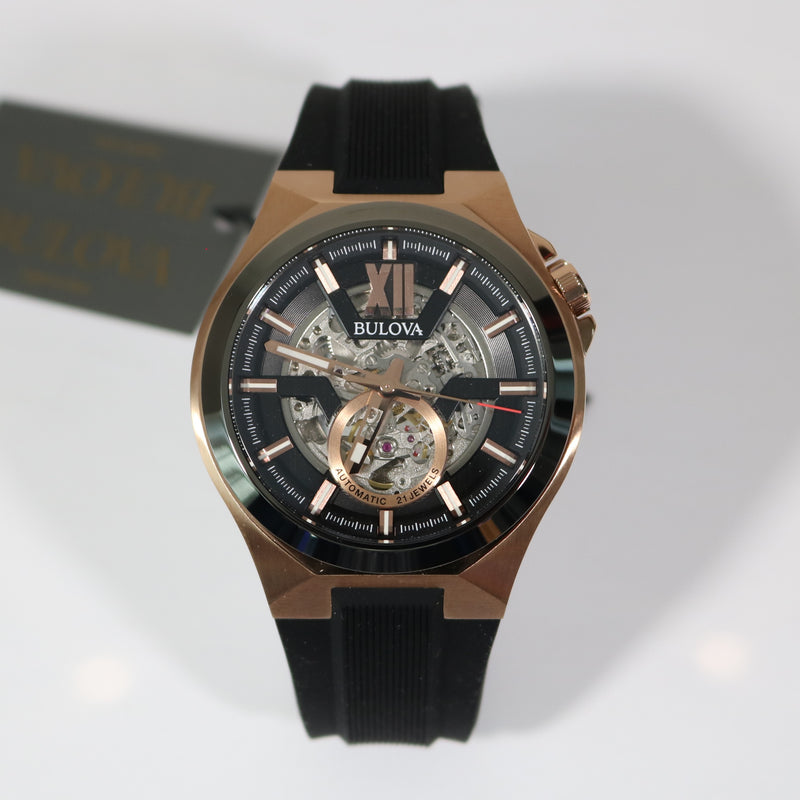 Bulova Maquina Rose Gold Tone Automatic Men's Rubber Strap Watch 98A177