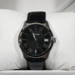Bulova Wilton Black Dial Black Leather Strap Stainless Steel Watch 96B390