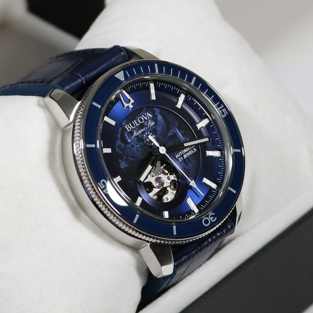 Bulova Marine Star Men s Stainless Steel Automatic Blue Dial Watch 96A Chronobuy