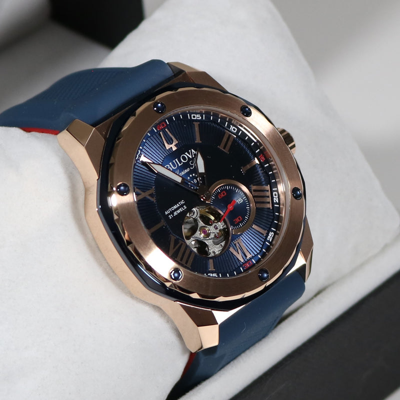 Bulova Marine Star Rose Gold Tone Blue Dial Rubber Strap Men s Watch 9 Chronobuy