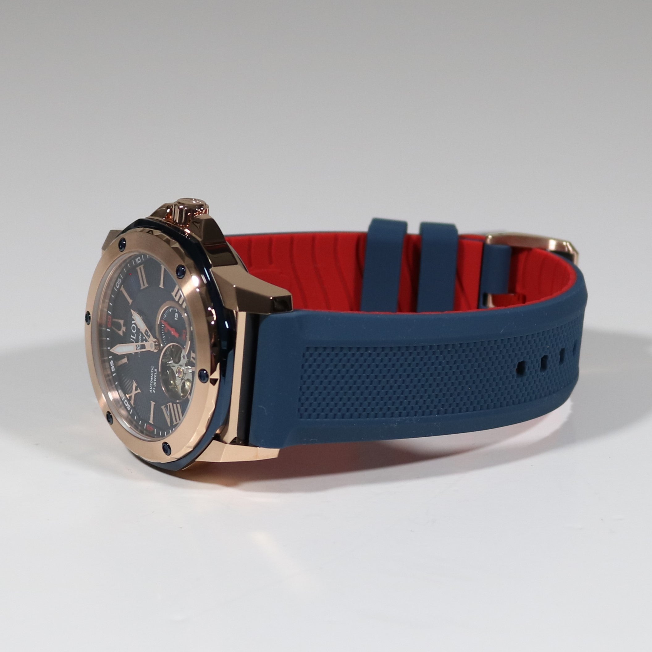 Bulova Marine Star Rose Gold Tone Blue Dial Rubber Strap Men s Watch 9 Chronobuy