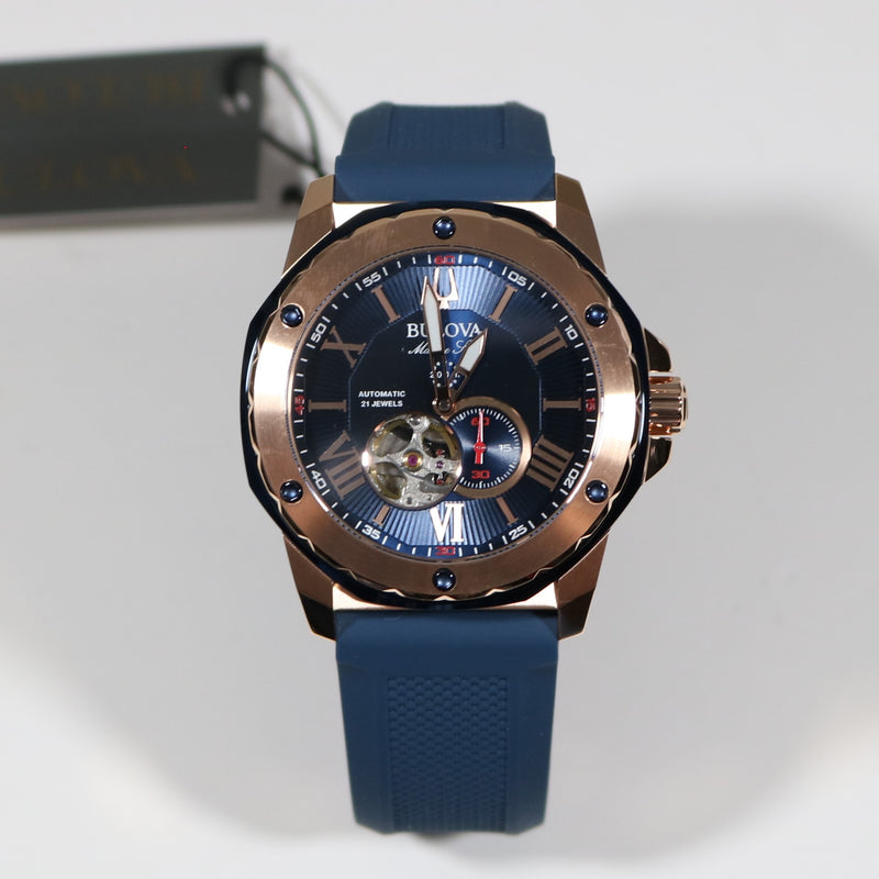 Bulova Marine Star Rose Gold Tone Blue Dial Rubber Strap Men s Watch 9 Chronobuy