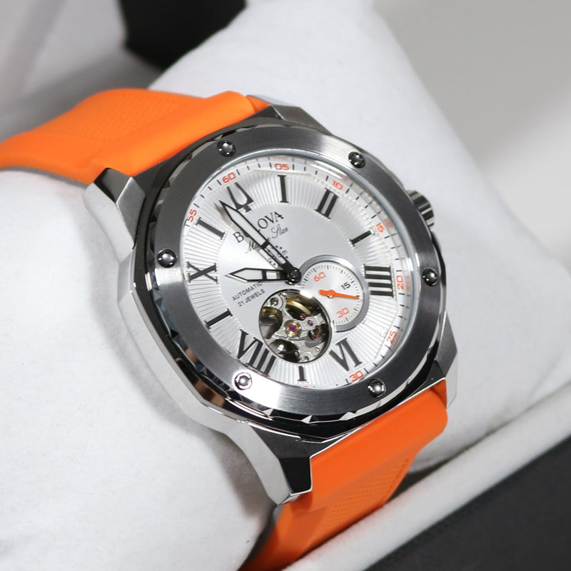 Bulova Marine Star Silver Dial Orange Rubber Strap Men's Watch 98A226