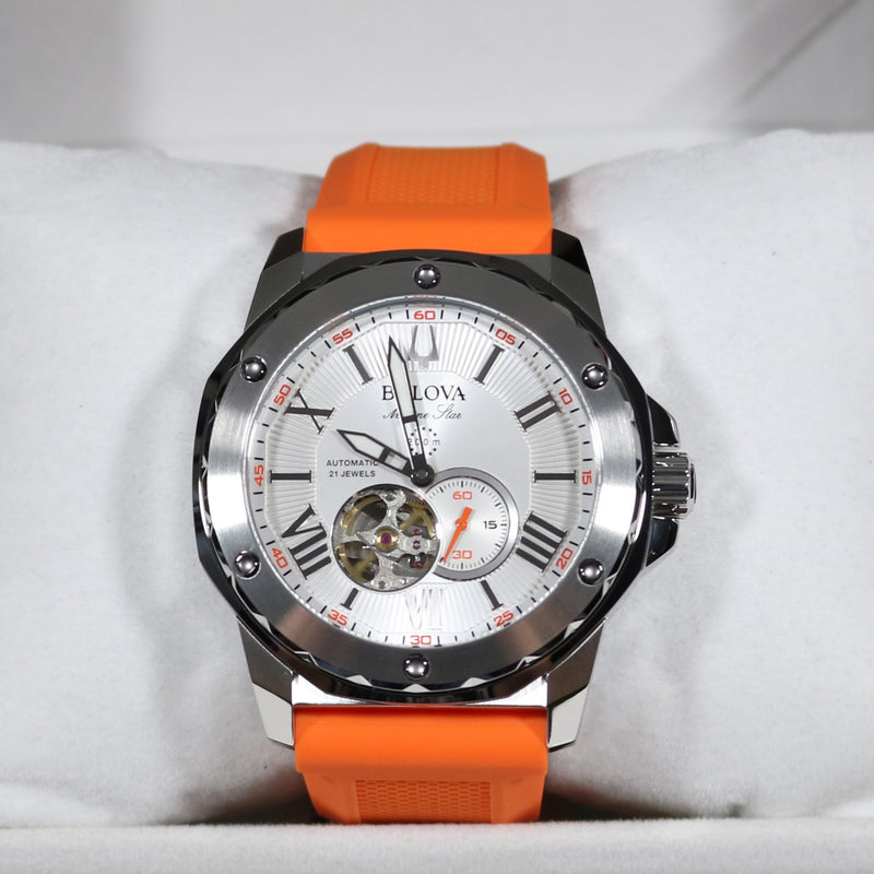 Bulova Marine Star Silver Dial Orange Rubber Strap Men's Watch 98A226