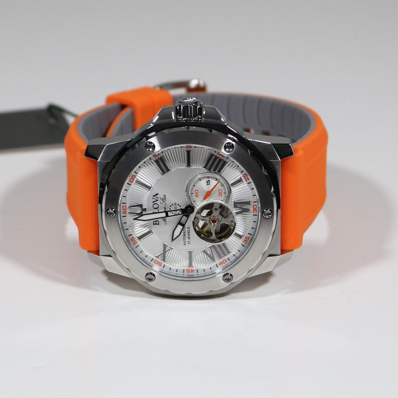 Bulova Marine Star Silver Dial Orange Rubber Strap Men's Watch 98A226