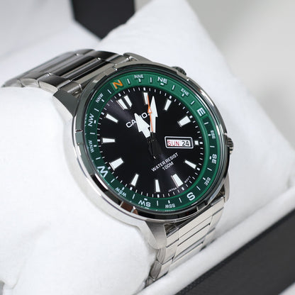 Casio Sports Green Bezel Black Dial Stainless Steel Watch MTD-130D-1A3