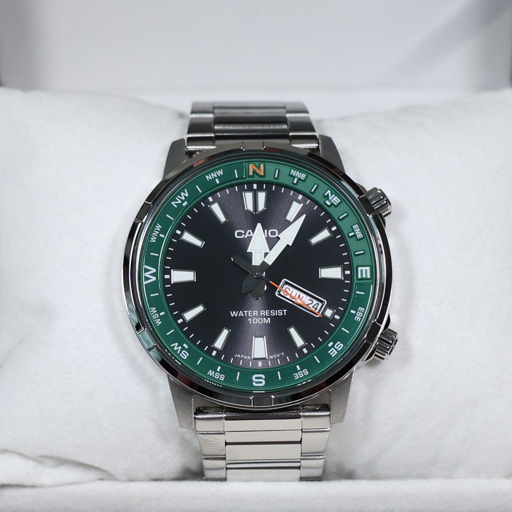 Casio Sports Green Bezel Black Dial Stainless Steel Watch MTD-130D-1A3