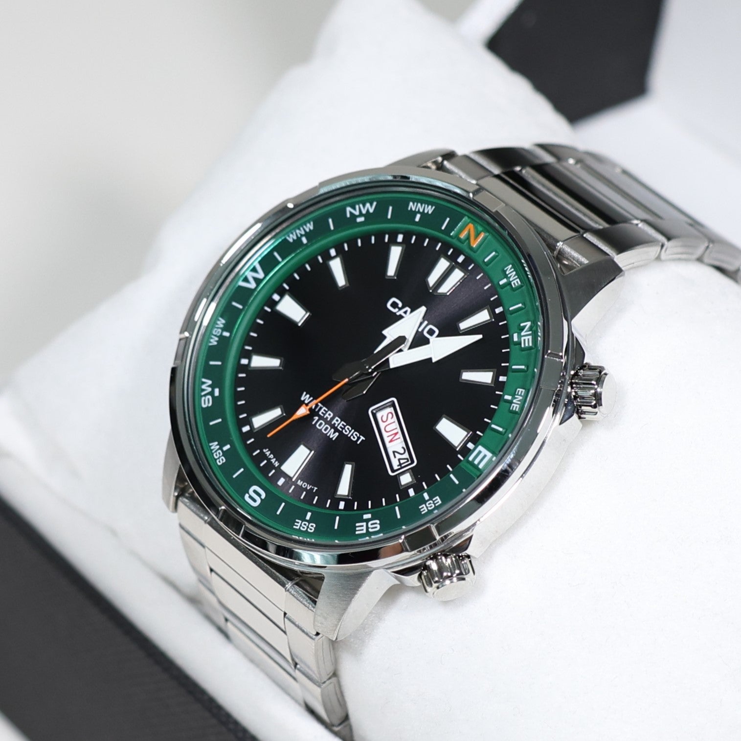 Casio Sports Green Bezel Black Dial Stainless Steel Watch MTD-130D-1A3