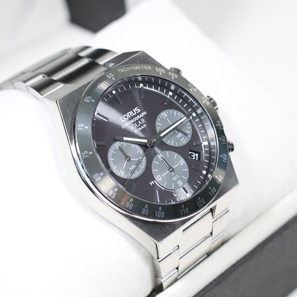 Lorus Stainless Steel Solar Gray Dial Chronograph Men's Watch RZ519AX9