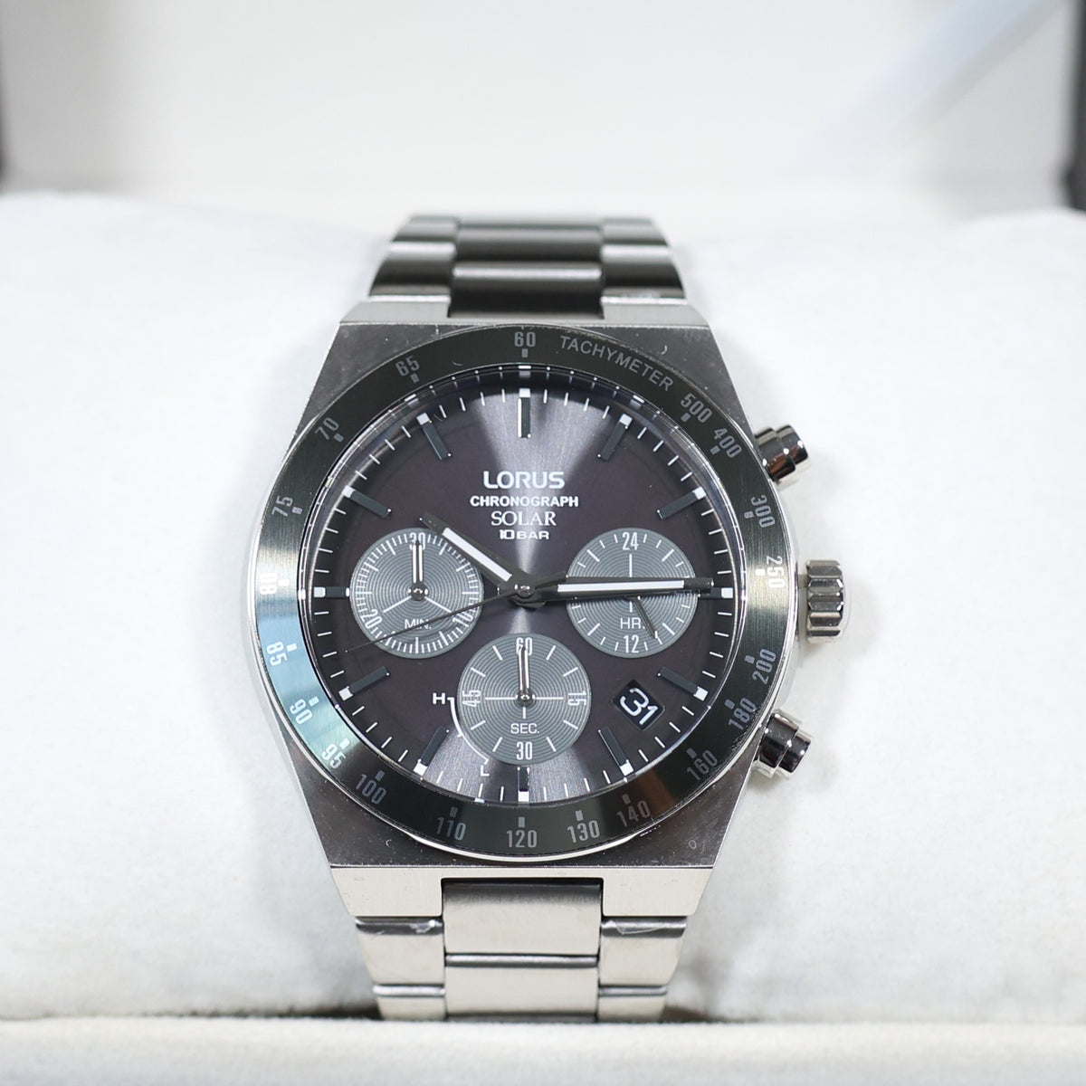 Lorus Stainless Steel Solar Gray Dial Chronograph Men's Watch RZ519AX9