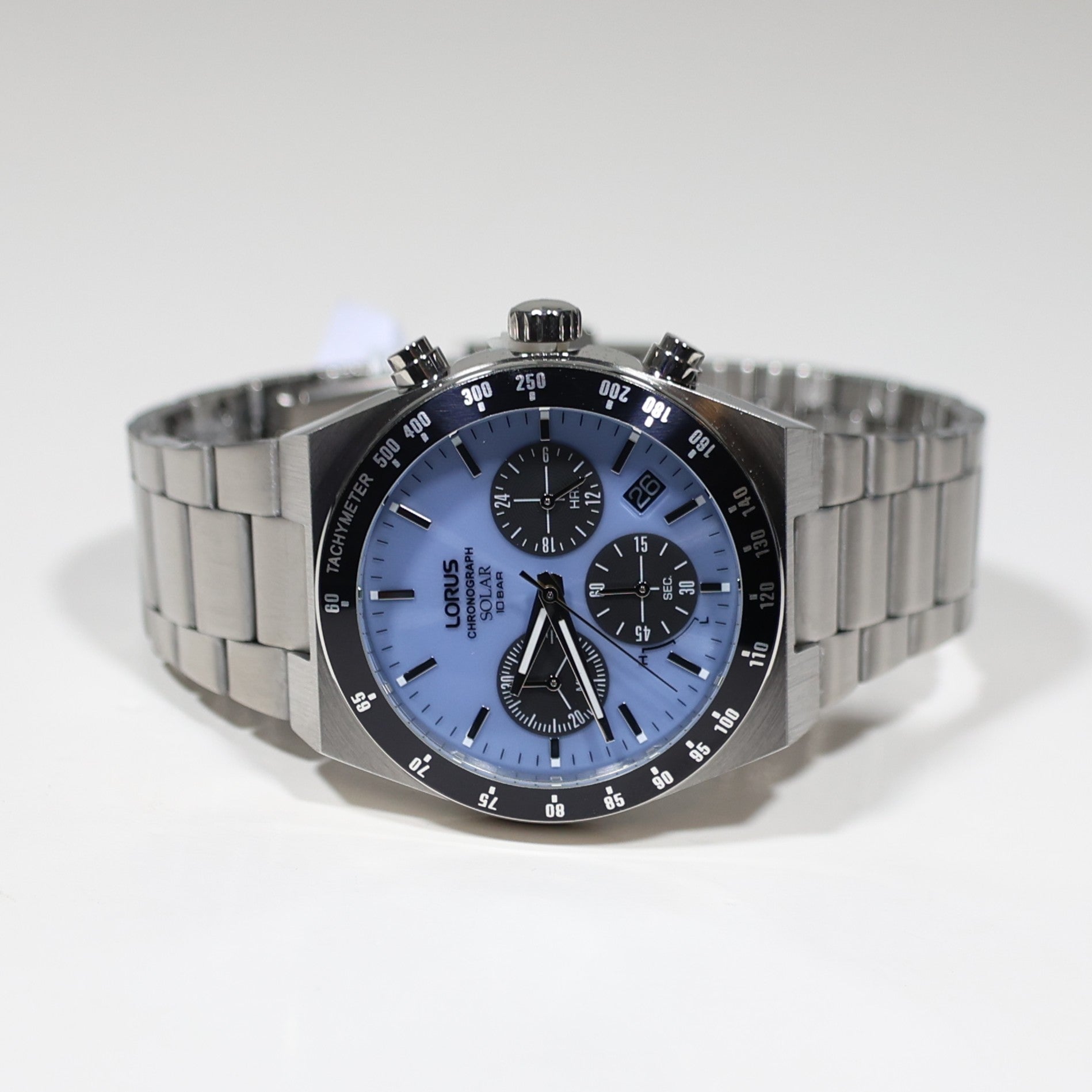 Lorus Stainless Steel Solar Blue Dial Chronograph Men's Watch RZ525AX9