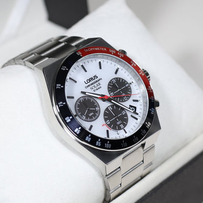Lorus Stainless Steel Solar White Dial Chronograph Men's Watch RZ527AX9