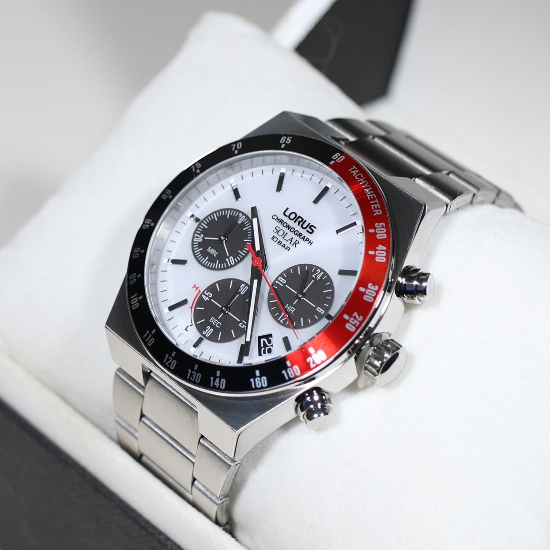 Lorus Stainless Steel Solar White Dial Chronograph Men's Watch RZ527AX9