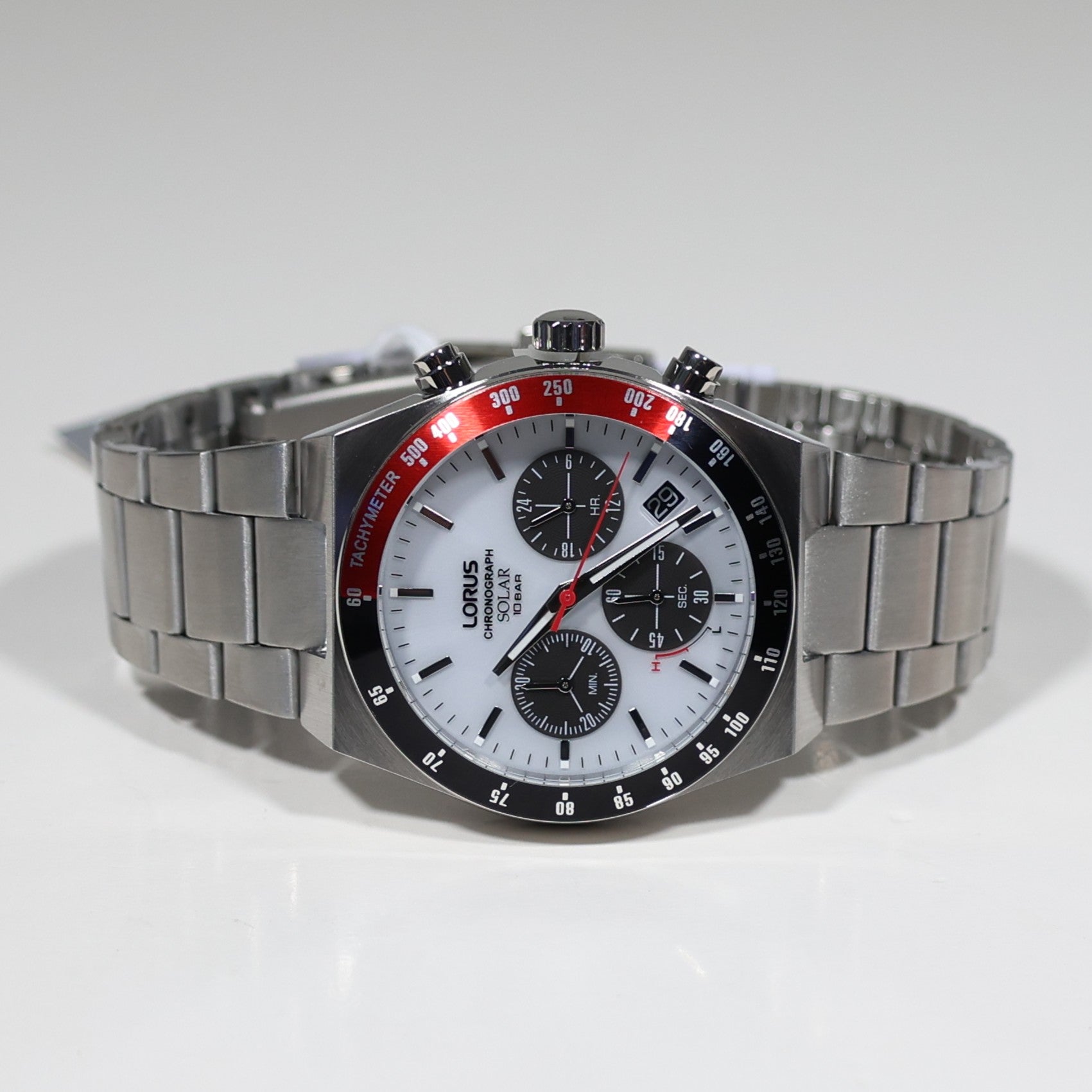 Lorus Stainless Steel Solar White Dial Chronograph Men's Watch RZ527AX9