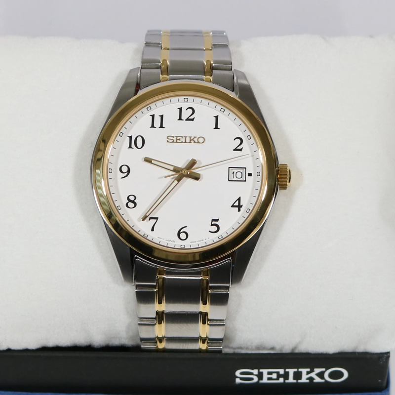 Seiko Quartz Two Tone Men's White Dial Sapphire Crystal Watch SUR460P1