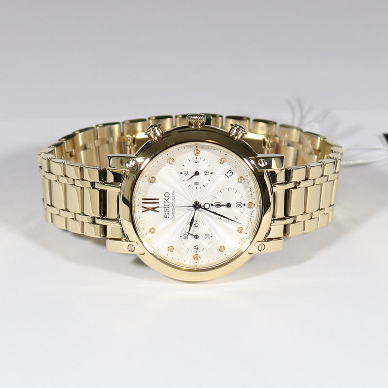 Seiko Women's Gold Tone White Textured Dial Chronograph Watch SRW836P1