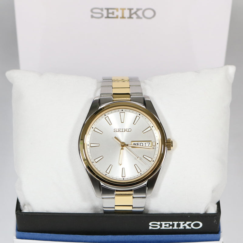 Seiko Neo Quartz Two Tone Stainless Steel Silver Dial Men's Dress Watch SUR446P1
