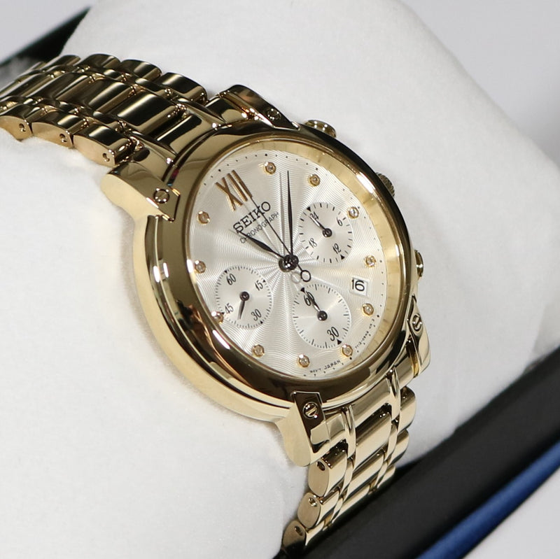 Seiko Women's Gold Tone White Textured Dial Chronograph Watch SRW836P1