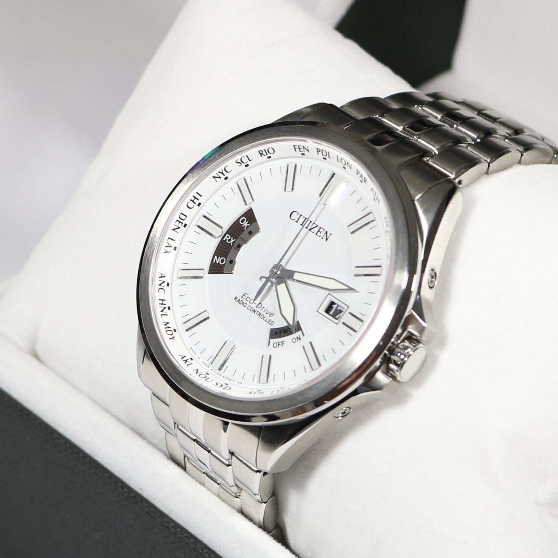 Citizen Eco Drive Radio Controlled White Black Dial Stainless