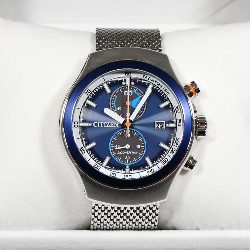 Citizen Eco Drive Blue Dial Mesh Strap Chronograph Men's Watch CA7011- –  Chronobuy