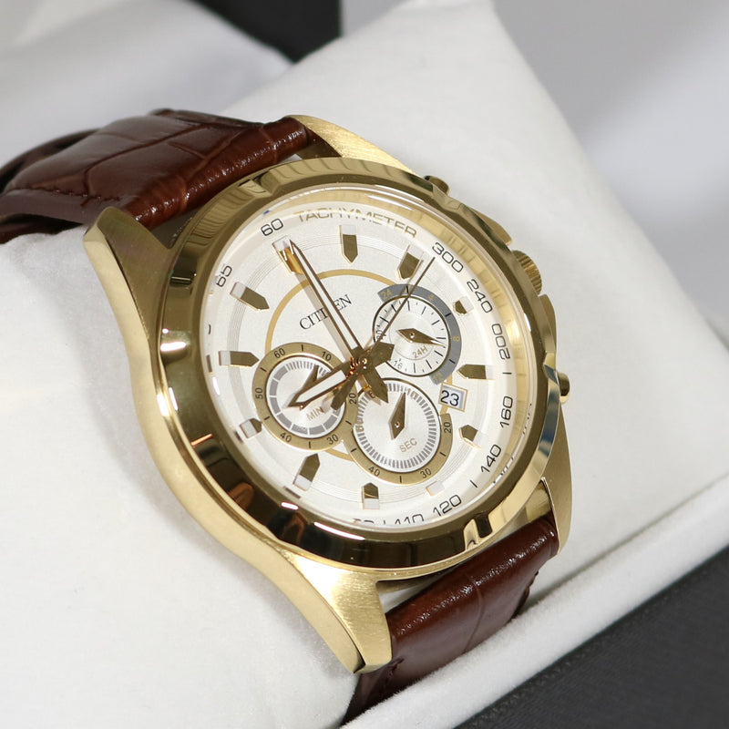 Citizen Quartz Gold Tone Chronograph Brown Leather Strap Men s Watch A Chronobuy