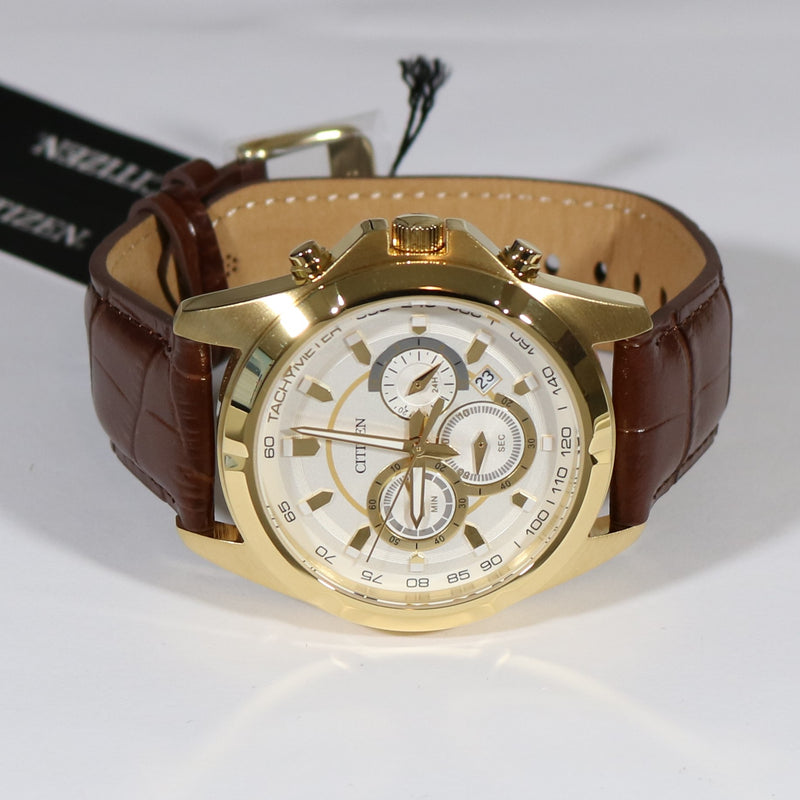 Citizen Quartz Gold Tone Chronograph Brown Leather Strap Men's Watch AN8043-05A - Chronobuy